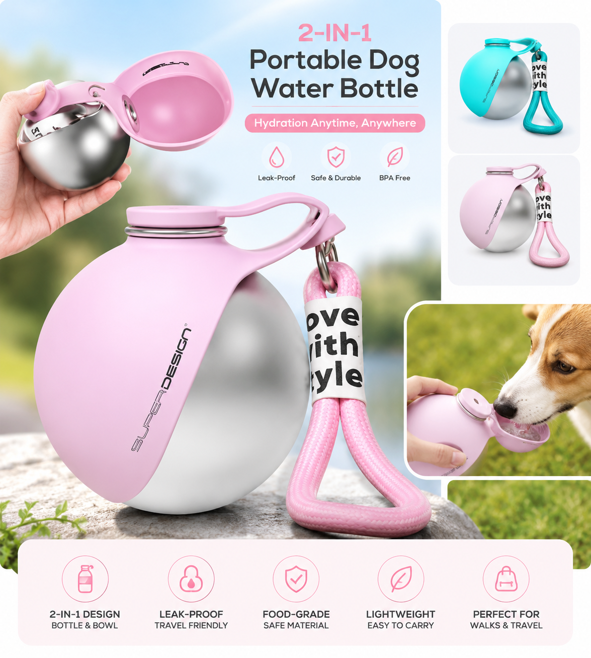 2-in-1 Portable Dog and cat Water Bottle